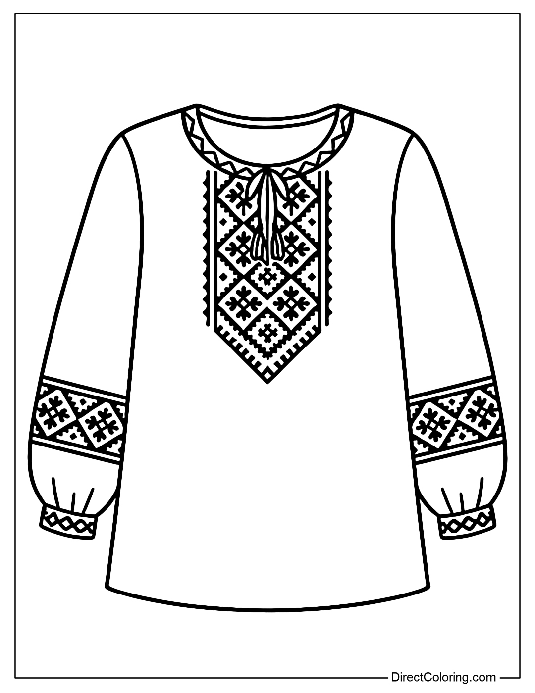 Coloring page of the hand-embroidered Vyshyvanka shirt with symmetrical red and black patterns on the wrists and chest.